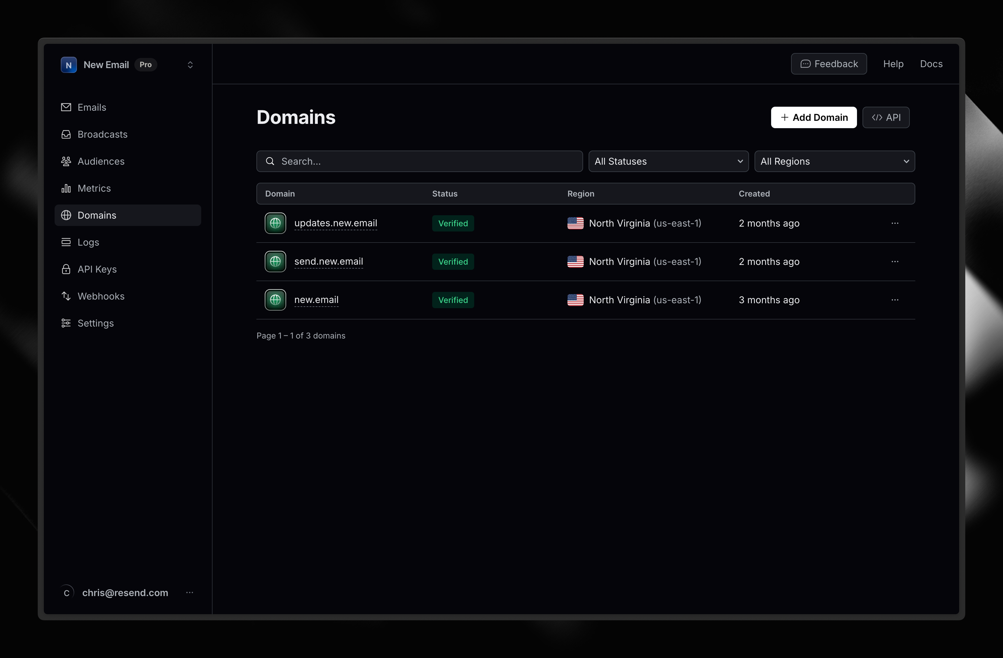 Resend dashboard with three domains