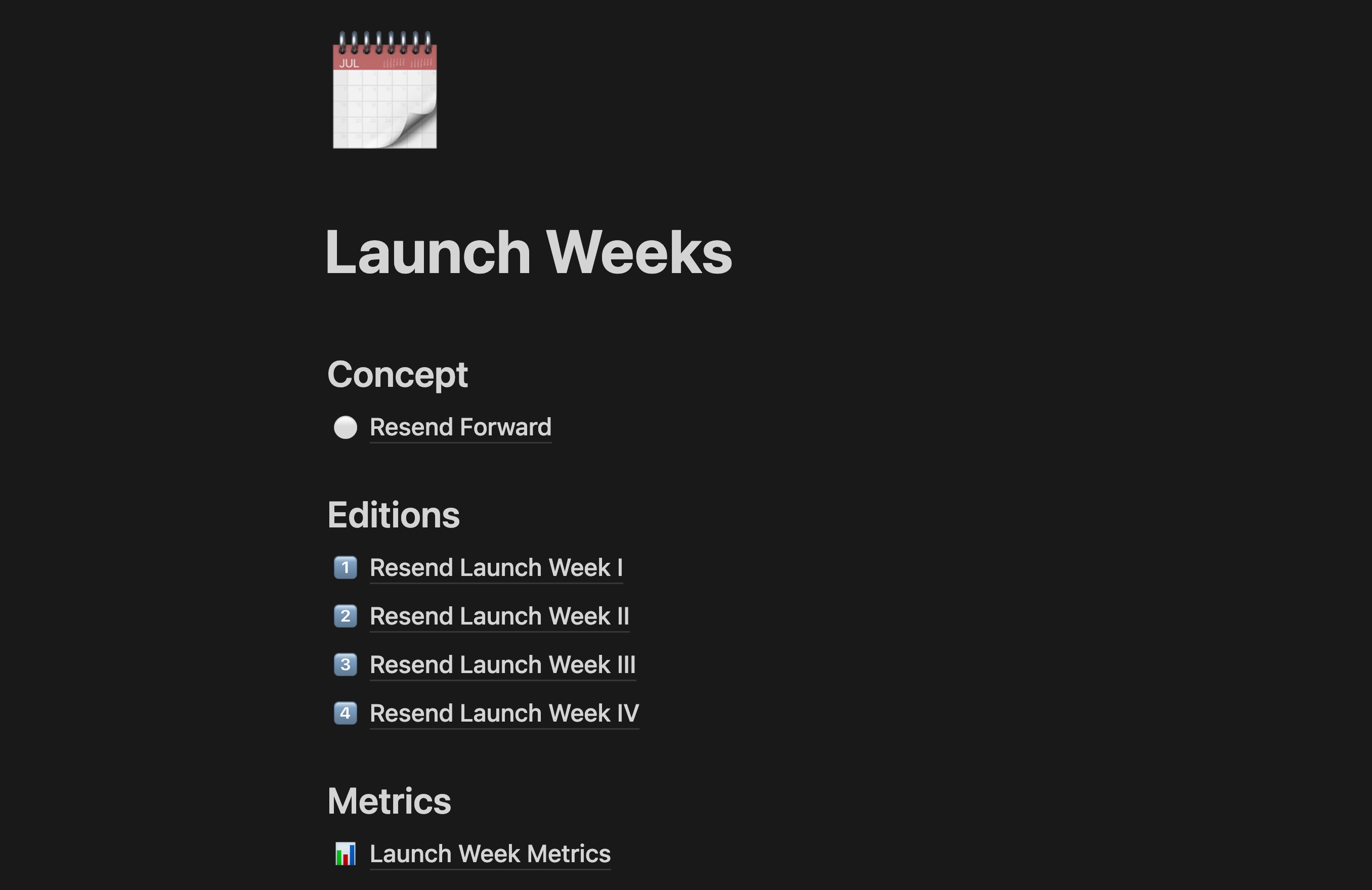 Notion doc showing links to the last four launch weeks